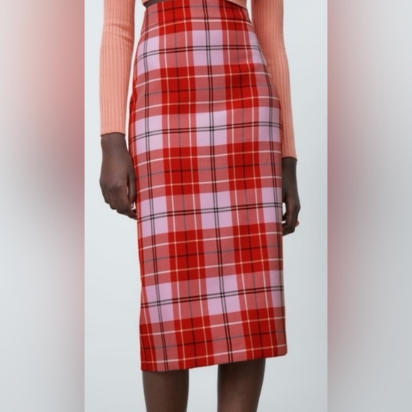 Zara Dresses & Skirts - Zara New Red and Pink Plaid Pencil Skirt